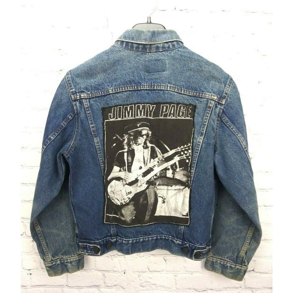 Vintage Plain Pockets Jimmy Paige Denim Jean Jacket Made in USA Button Mens Med